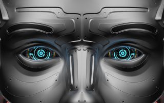 Futuristic AI robot eyes stare at you.