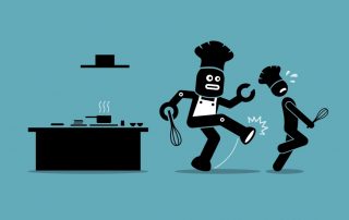 Robot chef kicks away a human chef from doing his job at kitchen.